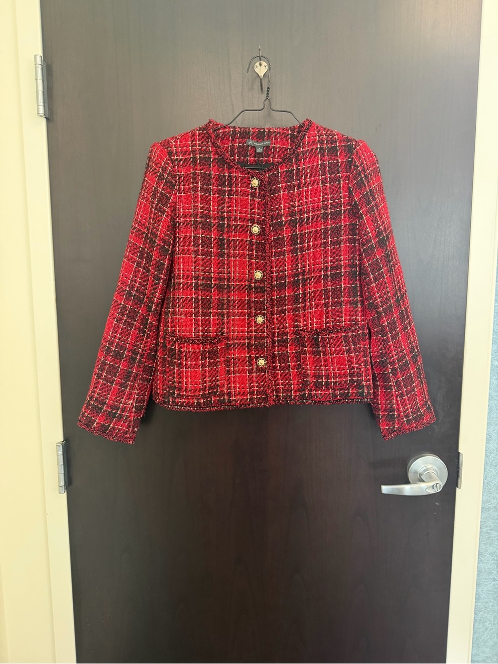 Adrianna Papell Red Plaid Tweed Jacket with Gold Buttons NWT Size Medium